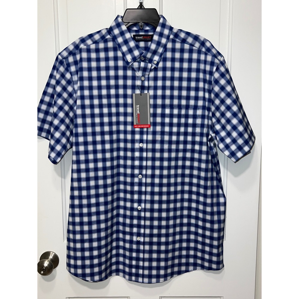 NWT Roundtree & Yorke TravelSmart Mens Large Blue Gingham Short Sleeve Shirt